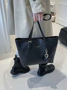 Túi xách cỡ lớn, thanh lịch, chất liệu PU, kiểu dáng đơn giản, có thể gập lại, in chữ, phối màu thời trang, dành cho nữ, thích hợp đi làm, đi nghỉ mát, hoặc làm quà tặng cho mẹ (có mặt dây chuyền). - màu đen - Xem 8