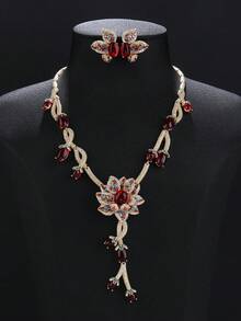 1 Set Of 3pcs Luxurious Jewelry Style Copper Zirconia Flower Necklace And Earrings Set, Matching Bridal Gown And Evening Dress Accessories - Jewelry Sets - View 1