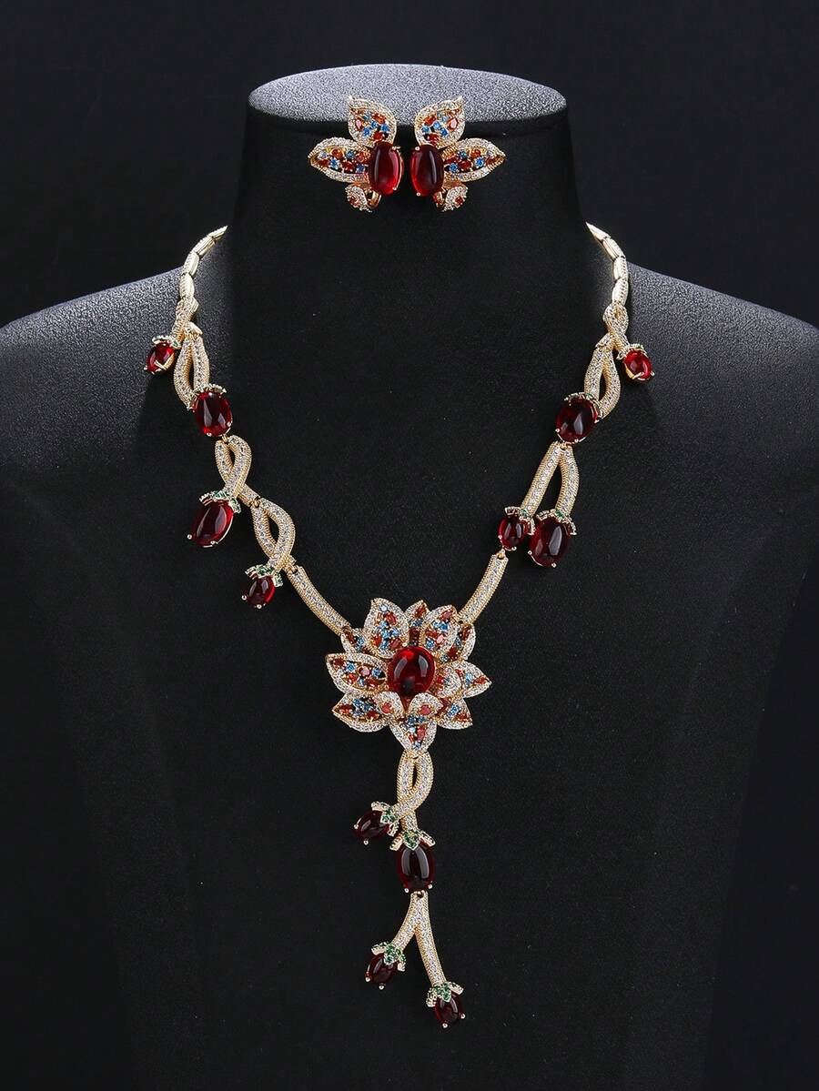 1 Set Of 3pcs Luxurious Jewelry Style Copper Zirconia Flower Necklace And Earrings Set, Matching Bridal Gown And Evening Dress Accessories - Jewelry Sets - View 1