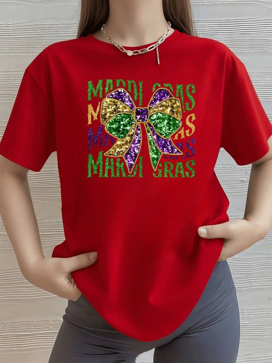 Moño brillante en tonos verde morado y dorado con palabras alusivas a Mardi Gras que evocan la alegría festiva camiseta de mujer 100% algodón 220g - Rojo - Ver 1