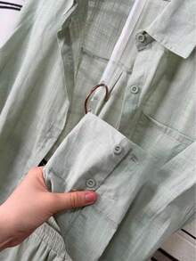 Linen Shirt And Pants Set (2 Pieces), Lined With Elastic. - 薄荷綠 - 查看 3