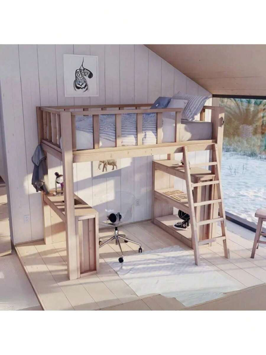 Planos impresos DIY de cama litera doble con escritorio y almacenamiento: proyecto impreso de carpintería fácil para principiantes - 1 - Ver 1