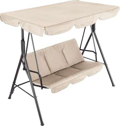 Columpio de exterior con toldo ajustable para adultos, banco de 3 plazas con cojines gruesos, estructura de acero para jardín y patio.