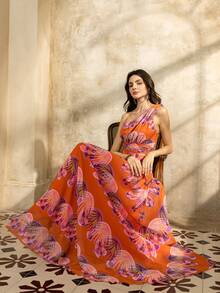 Faeriesty Elegant Women's Glamorous Chiffon Long Formal Dress With One Shoulder And Flared Hem, Sleeveless Flowing Design Perfect For Evening Events - Orange - View 7