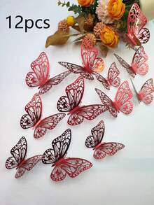 12pcs 3D Hollow Red Butterfly Stickers - Red - View 6