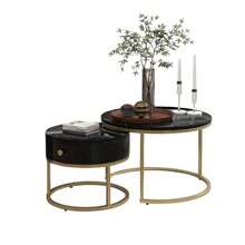 (Original Reference: WF303615AAA) Modern Nesting Coffee Table, Glossy Marble Pattern, Set Of 2 Round Coffee Tables, Round Nesting Side Table - Black - View 6