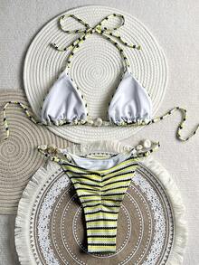 2pcs Textured Fabric Resin Buckle Fashionable Women Bikini Swimsuit - Multicolor - View 4