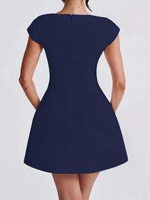 WOWDARK 夏季蓝色情人节连衣裙 时尚短袖方领无袖A字迷你派对连衣裙，优雅适合情人节、约会、聚会、派对、旅行、度假、海滩婚礼等场合。 - 藏蓝色 - 查看 4