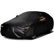Heavy-Duty Durable Car Cover - Matte Black New Stylish Design | Indoor/Outdoor Use Windproof, Snowproof, UV-Resistant | Side Zippers With High-Visibility Orange Reflective Strips | Universal All-Weather Year-Round Protective Cover (Fits Sedans And SUVs) - Đen - Xem 6