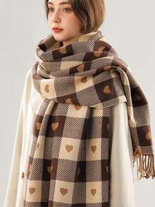 1 chiếc khăn choàng cổ cashmere kẻ caro hình trái tim có thể đảo ngược dành cho nữ, khăn choàng quấn ấm áp mùa thu/đông tối giản dễ thương, đa năng cho trang phục hàng ngày và làm quà tặng ngày lễ - màu nâu - Xem 13