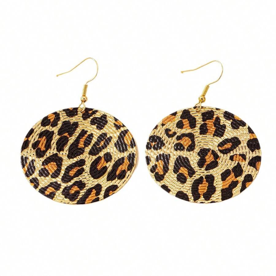1对豹纹金属圆形耳环，适合日常佩戴 - 金黃色 - 查看 1