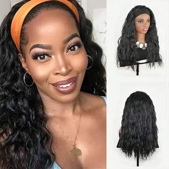 26英寸发箍水波纹假发，耐热合成假发，200%密度玫瑰网帽，长款水波纹自然黑色发箍假发，多种颜色可选，适合日常佩戴的带发箍合成假发
