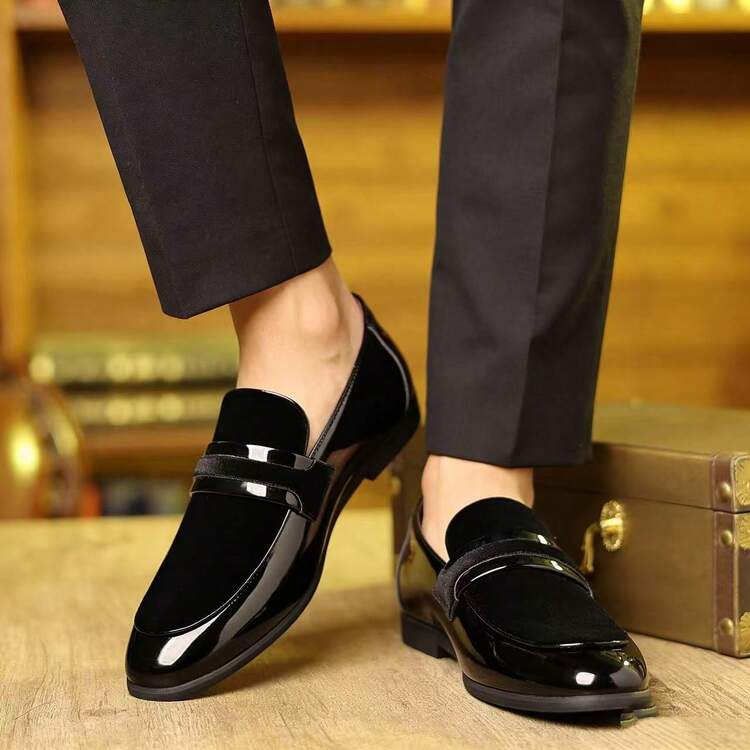 Men's Black, Blue, And Purple Lacquered Leather Loafer Shoes With Velvet Trim - 黑色 - 查看 9