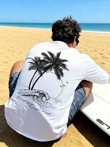 男士时尚沙滩椰树海浪印花宽松休闲百搭短袖T恤 | 精致设计 | 夏季必备 | 时尚搭配 - 白色 - 查看 2