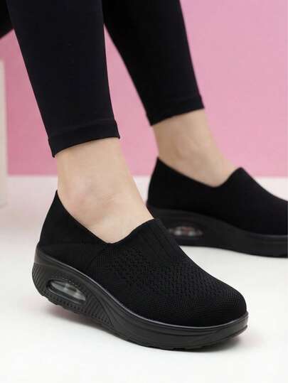 Women's Black Air Cushion Slip-On Lightweight Shock-Absorbing Casual Knit Sneakers, Suitable For Sports, Dancing, Nursing