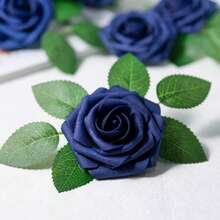 25/50pcs Navy Blue Artificial Foam Roses With Stems - Perfect For DIY Wedding Decor, Bouquets, Party Table Arrangements And Home Decoration, Packed In OPP Bag, With 2 Leaves - Dark Blue - View 6