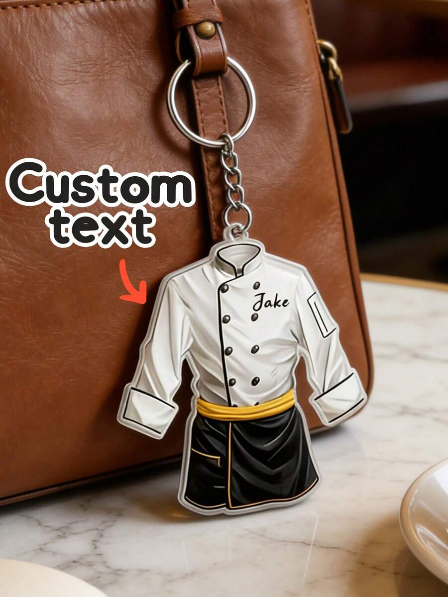 1pc Customized Chef Name Tag Keychain - Personalized Cooking Decor Keychain With Chef Uniform Design (White Coat, Black Pants, Gold Trim) - Durable Acrylic Chef Keychain, Personalized Chef Uniform Keychain - Multicolor - View 1