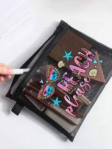 Large-Capacity Transparent Mesh Makeup Bag With"Beach Please" Pattern, Portable Travel Makeup Storage Bag, Colorful Beach-Themed Storage Bag With Zipper Closure,Makeup Bag, Skincare Bag,Portable Storage For Vacations And Travel, Summery Theme - Multicolor - View 7