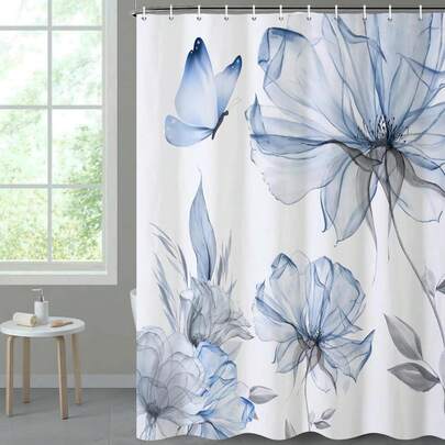 浅蓝色水彩花卉图案浴帘，现代防水浴帘套装，带挂钩，适用于家庭、酒店、度假村，也是一份很棒的礼物。