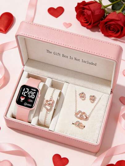 6pcs Minimalist LED Square Digital Watch & Rose Heart Shaped Bracelet Necklace Earrings Ring Jewelry Set, Suitable For Daily, Party, Campus Wear, Valentine's Day Gift