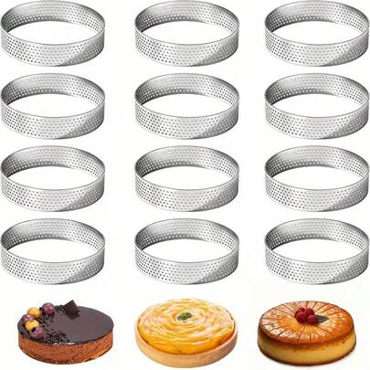 6/12pcs Stainless Steel Perforated Tart Rings, Round Cake Molds, French Pastry Molds, Fruit Tart Rings, Suitable For Weddings, Thanksgiving, Graduation Ceremonies - Oven