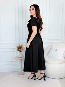 Women's Midi Dress With Bow On The Shoulder (Christian Style) - Black - View 3