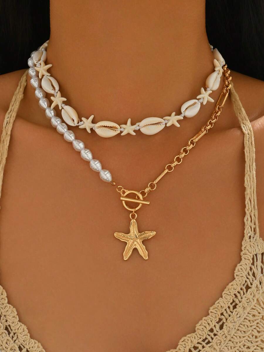 2pcs/Set Handmade Bohemian Style Starfish & Shell Braided Rope Necklace, Unique Design Starfish Pendant With Faux Pearl & Golden Clasp, Fashion Women Necklace Suitable For Daily Wear, Vacation, Party, Date - Multicolor - View 1