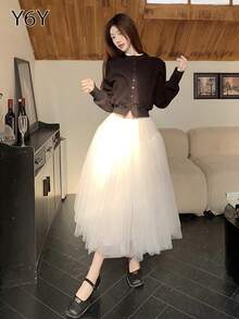 [Y6Y] Elegant Casual Women's A-Line Mid-Length Tulle Flared Skirt, Suitable For Spring/Summer Ethereal Goddess Outfit