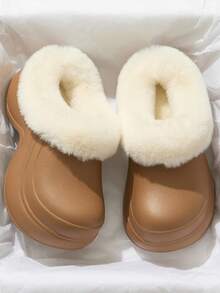 女士纯色户外EVA冬季无后跟头套拖鞋，厚底室内加绒低帮雪地靴，保暖舒适的家居鞋 - 卡其色 - 查看 11