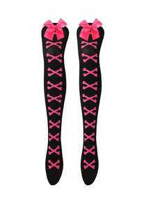 1双女士纯色过膝袜，日式蝴蝶结装饰，Y2K洛丽塔风格，防滑不下滑，贴合舒适，可爱袜型，适合洛丽塔茶会。 - 1雙黑底深粉紅色 - 查看 3