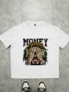 Men's T-Shirt, Casual Loose Fit, Street Hip-Hop Dollar Sign Pattern T-Shirt, Casual Short-Sleeved Crewneck Top, Machine Washable, Suitable For All Seasons, Comfortable To Wear, Unique Pattern T-Shirt, Fit And Comfortable. Loose Fit, Casual Clothing, Top, Men's T-Shirt, Halloween, Casual, Christmas - 白色 - 查看 1