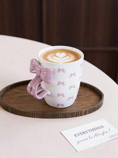 1pc 11.6oz Ceramic Mug With Bow Handle & Heart, Matte Embossed Heart Design, Checkered Pattern Coffee Cup, Suitable For Home Decor, Daily Water Drinking, Breakfast Milk Cup, Afternoon Tea Cup, Latte Art Cup In Cafe, Gifts, Couples Cup Back To School