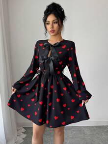 JTI Women's Sweet Bowknot Decor Round Neck Long Sleeve Heart Print A-Line Waist Tie Hem Short Dress, Black Cute Girly Style, Suitable For Valentine's Day Date - Black - View 8