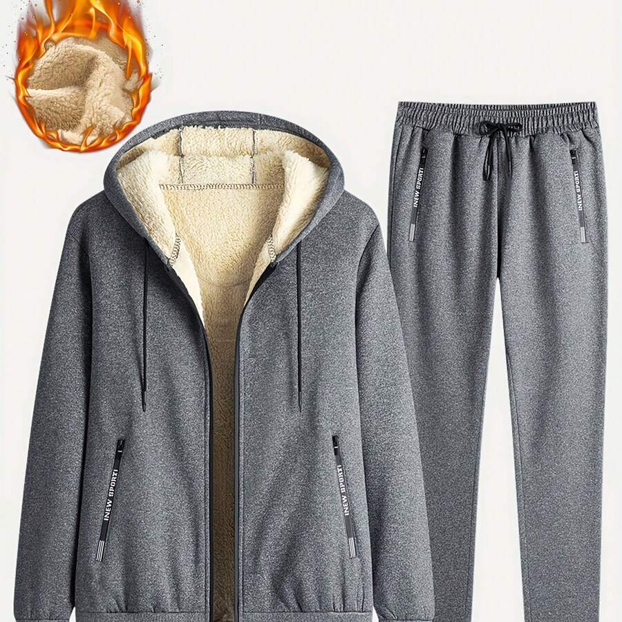 2pcs Men's Classic Sportswear Set: Fleece-Lined Hoodie And Joggers - Gym, Running & Casual Wear, Winter Outerwear Set With Plush Lining, Polyester Fabric, Stand Collar, Pockets, Regular Fit, Knit. Classic Men's 2pcs Athletic Set With Lining, Full-Zip - 灰色 - 查看 1
