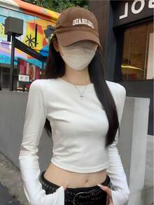 Y2K 露脐圆领长袖T恤，纯色修身露脐打底衫 - 白色 - 查看 3