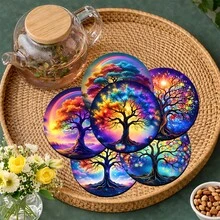 6pcs Life Tree Pattern Coaster Set, Tea Cup Mats, Water Cup Mats, Wine Glass Mats, Coffee Cup Mats, Round Absorbent Silica Gel Coasters, Home Decor, Party & Tableware Gift Set, Suitable For All Seasons - Multicolor - View 2