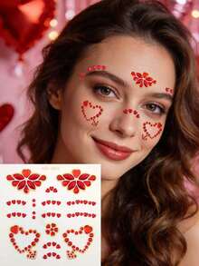 1张浪漫红色爱心花朵闪亮水钻DIY面部贴片，自粘式面部宝石，适用于情人节约会、婚礼妆容和浪漫派对，可重复使用，闪亮面部水钻，适合女性和DIY美妆爱好者。 - 彩色 - 查看 12
