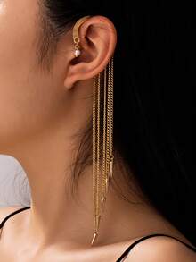 1 pieza Pendiente de oreja con remache de perla y borla larga dorada, regalo para el Día de San Valentín, Día de la Madre - remache - Ver 1