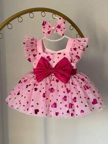 Baby Girls Love & Cap Sleeve Mesh Tulle Princess Party Pink Dress, Elegant Birthday Gift Dress For Girls, Suitable For Birthday, Wedding, Holiday Celebration - Dusty Pink - View 3