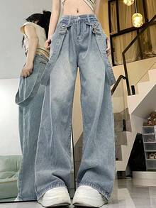 可拆卸吊带高腰宽松喇叭牛仔裤，复古独特休闲春季款 - 淺色水洗藍 - 查看 5