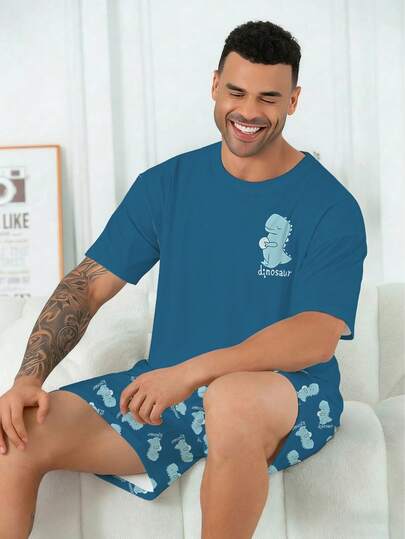 Conjunto de pijama de talla grande para hombre | Parte superior de cuello redondo y manga corta, y pantalón corto casual con cintura elástica, conjunto de 2 piezas | Poliéster de punto tipo algodón, suave y transpirable, holgado y cómodo | Diseño casual con estampado de dinosaurios lindo