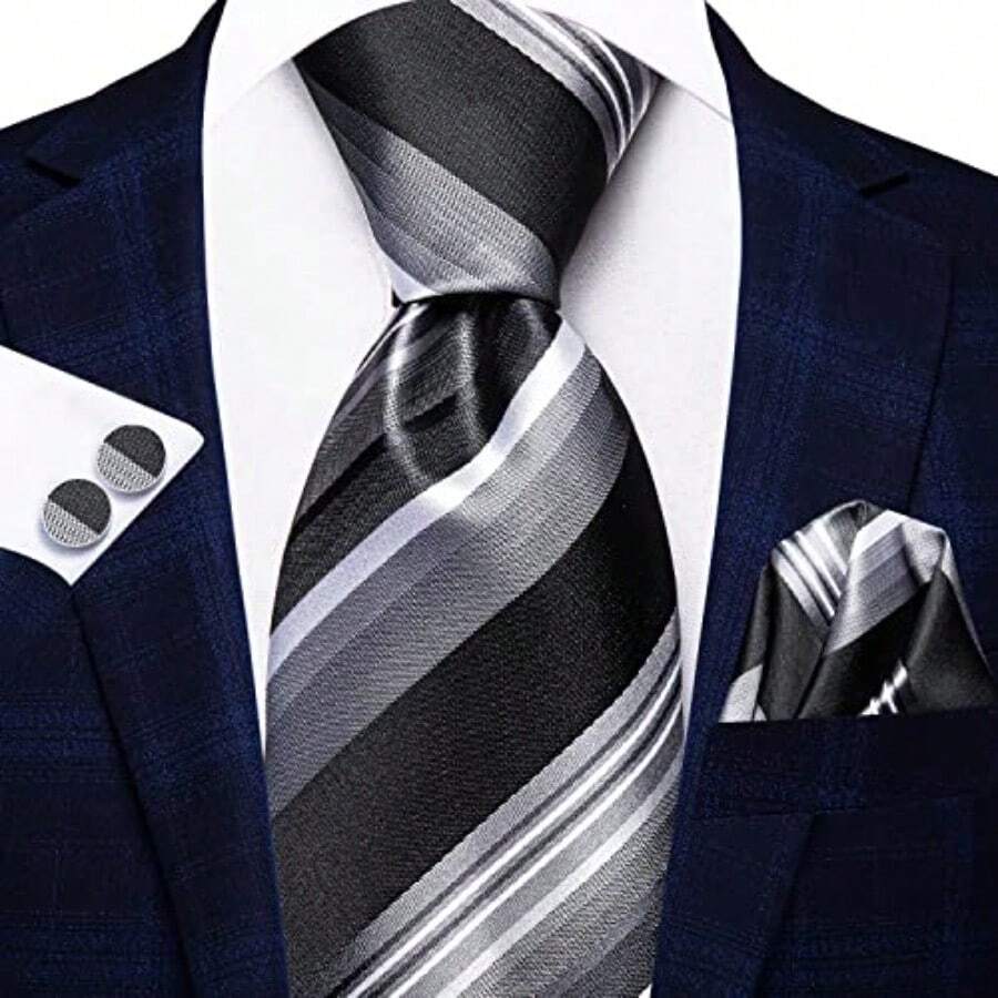 Corbatas de seda para hombre corbata tejida jacquard con bolsillo gemelos cubos para bodas y negocios-B006 - Negro y Plateado - Ver 1