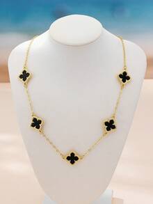 1pc Summer Hollow Flower Metal Necklace, Geometric Four-Leaf Clover Pendant Necklace, Suitable For Back To School, Halloween Party - Black - View 4