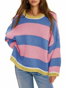 Womens Oversized Sweaters Casual Long Sleeve Striped Color Block Crewneck Knitted Loose Fall Pullover Tops - Hồng - Xem 11