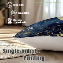 MEMNUN 1个开斋节快乐枕套，海军蓝、金色花卉和新月图案，绒面天鹅绒材质，单面印花，适合卧室、客厅装饰，四季皆宜，是馈赠佳品，尺寸：17.7*17.7英寸（45*45厘米）/19.69*19.69英寸（50*50厘米）/15.75*15.75英寸（40*40厘米） - 彩色 - 查看 3