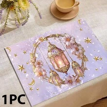 1/4/6 件套，斋月餐垫，亚麻餐桌垫，传统灯笼图案，可水洗印花桌布，表面保护垫，节日厨房和家庭聚会的理想装饰 - 彩色 - 查看 6