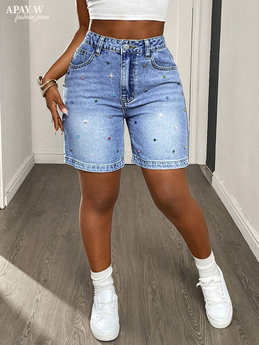 Quần short Bermuda denim cotton wash dành cho nữ, trang trí đính đá nhiều màu sắc, phong cách đường phố quyến rũ, thoải mái và thoáng khí, kiểu quần casual đa năng cho mùa hè. - Rửa nhẹ - Xem 1