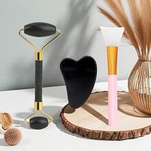 3件套玉石美容工具套装 - 玉石滚轮 + 牛角刮痧板 + 面膜刷，质地细腻，易于使用 - 适用于日常护肤、面膜护理、面部护理 - 实用护肤套装 - 面膜刷 | 硅胶面膜刷 | 混合刷 | 面膜涂抹器 | 美容工具 | 刮痧板 - 彩色 - 查看 9