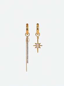 Opalesca 2 chiếc khuyên tai hình ngôi sao bát giác bằng thép không gỉ đính ngọc trai giả không đối xứng và đá zirconia độc đáo sáng tạo dành cho phụ nữ, phong cách Châu Âu và Châu Mỹ - bông tai - Xem 2
