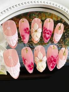 10pcs/Set Handmade Delicate French Floral Nail Art Stickers, 3D Floral Nail Decals Set, Shell & Seashell Nail Art Stickers, Artificial Nails For Women & Girls Daily Wear - 玫紅色 - 查看 2